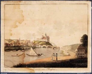 Stadtansicht von Meißen, Blick vom rechten Elbufer beim Elbschlösschen über die Elbe und die Elbbrücke (vierter Zustand nach 1757 bis 1813) auf die Altstadt und den Burgberg mit Albrechtsburg und Dom