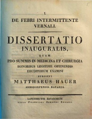 De febri intermittente vernali : dissertatio inauguralis