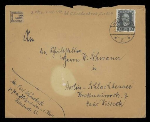 Brief von Carl Schönebeck an Wilhelm Schwaner