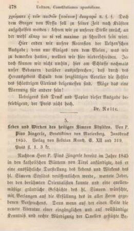 478-484 [Rezension] Zingerle, Pius, Leben und Wirken des heiligen Simeon Stylites