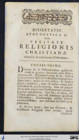 Dissertatio Apologetica II. Pro Veritate Religionis Christianae.