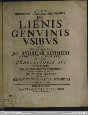 Dissertatio Anatomico-Physiologica De Lienis Genuinis Usibus
