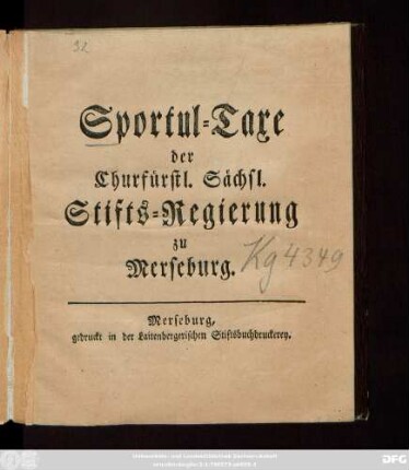 Sportul-Taxe der Churfürstl. Sächsl. Stifts-Regierung zu Merseburg