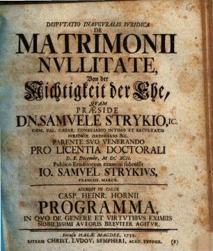 Disputatio Inauguralis Iuridica De Matrimonii Nullitate : = Von der Nichtigkeit der Ehe