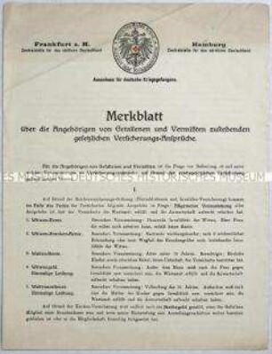 Merkblatt über Versicherungsansprüche der Angehörigen von Kriegsopfern