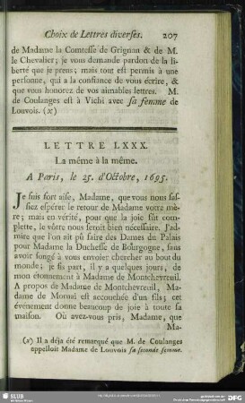 Lettre LXXX. La même à la même. A Paris, le 25. d´Octobre, 1695