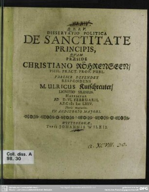 Dissertatio politica: De sanctitate principis
