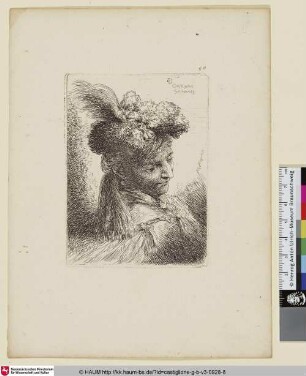 Jeune homme sans barbe, vu de trois quarts, tourné vers la droite [Kopf eines jungen Mannes mit orientalischem Turban mit Federschmuck]