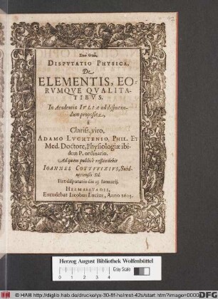 Disputatio Physica, De Elementis, Eorumque Qualitatibus