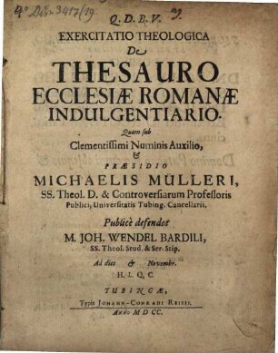 Exercitatio Theologica De Thesauro Ecclesiae Romanae Indulgentiario