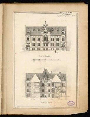 Landratsamt (Kreishaus), Cottbus Monatskonkurrenz Juli 1890: Aufriss Vorderansicht, Querschnitt (mit Innenhofansicht); Maßstabsleiste