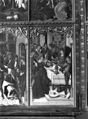 Altar in erster Öffnung — Szenen aus dem Leben Johannes des Täufers — Rechter Innenflügel: Vier Szenen aus dem Leben des Heiligen — Salome überreicht das Haupt des Johannes ihrer Mutter