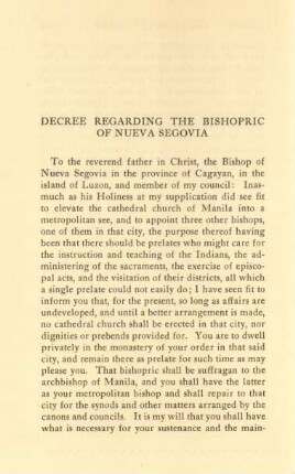 Decree regarding the bishopric of Nueva Segovia