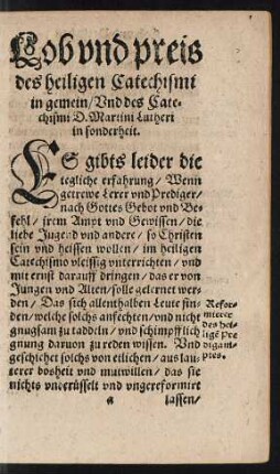 Lob und preis des heiligen Catechismi in gemein/ Und des Catechismi D. Martini Lutheri in sonderheit.