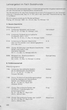 Lehrangebot im Fach Sozialkunde