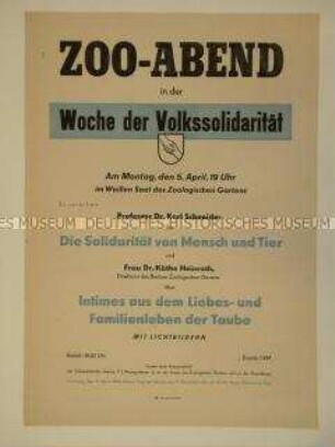 Maueranschlag zur Ankündigung eines Veranstaltungsabendes der Volkssolidarität mit naturwissenschaftlichen Themen