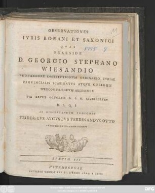 Specim. 3: / ... Die XXVIII Octobris A. S. R. MDCCLXXV H. L. Q. S Ad Disceptandvm Proponet Fridericvs Avgvstvs Ferdinandvs Otto Boernichenio-Hermvndvrvs