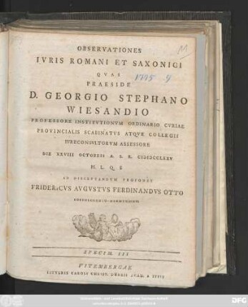 Specim. 3: / ... Die XXVIII Octobris A. S. R. MDCCLXXV H. L. Q. S Ad Disceptandvm Proponet Fridericvs Avgvstvs Ferdinandvs Otto Boernichenio-Hermvndvrvs