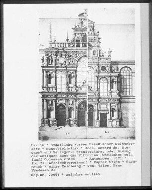 Architectura, oder Bauung der Antiquen auss dem Vitruvius, woellches sein funff Colummen orden ... — fol.21: Architekturentwurf
