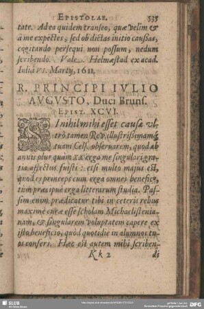 R. Principi Iulio Augusto, Duci Bruns. Epist. XCVI.