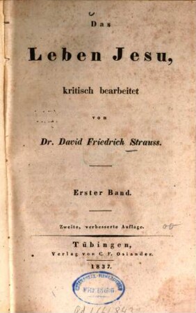 Das Leben Jesu. 1. (1837). - XX, 801 S.