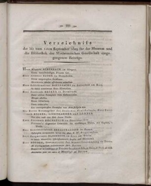 Verzeichniss der bis zum 11ten September 1809 für das Museum die Bibliothek der Wetterauischen Gesellschaft eingegangenen Beiträge.
