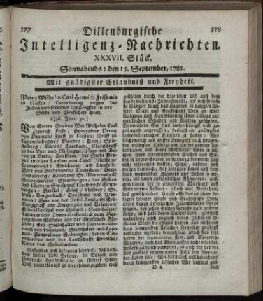 XXXVII. Stück. Sonnabends: den 15. September 1781.