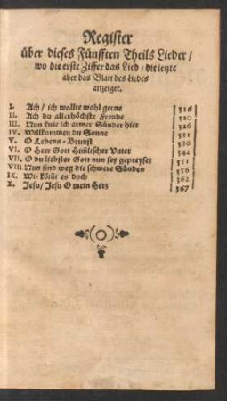 Register über dieses Fünfften Theils Lieder ...