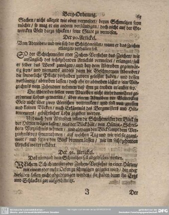 Der 91. Artickel. Daß niemand vom Schmeltzen soll abgetrieben werden.