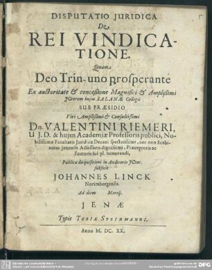 Disputatio Juridica De Rei Vindicatione