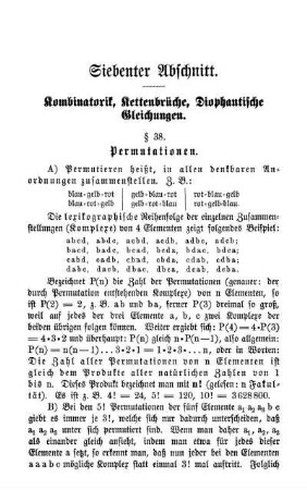 Siebenter Abschnitt. Kombinatorik, Kettenbrüche, Diophantische Gleichungen.