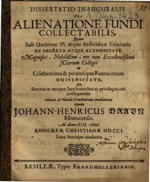 Dissertatio Inauguralis De Alienatione Fundi Collectabilis