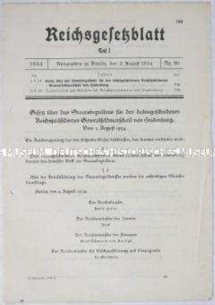 Reichsgesetzblatt mit dem Gesetz über das Staatsbegräbnis und dem Trauererlass zum Tod von Paul von Hindenburg
