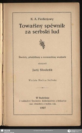 K. A. Fiedlerjowy Towaŕšny spěwnik za serbski lud