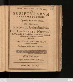 Disputatio Theologica VIII. De Scripturarum Interpretatione