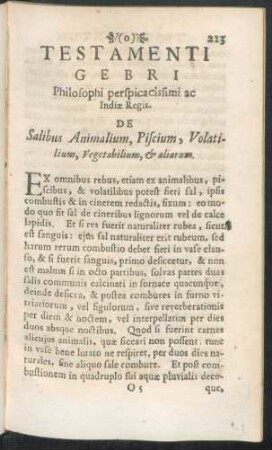Testamenti Gebri Philosophi perspicacissimi ac Indiae Regis. De Salibus Animalium, Piscium, Volatilium, Vegetabilium, & aliorum.