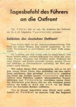 Flugblatt mit Tagesbefehl Hitlers an die Ostfront vom 14. April 1945