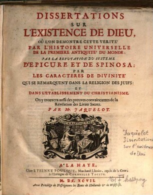 Dissertations sur l'existence de Dieu