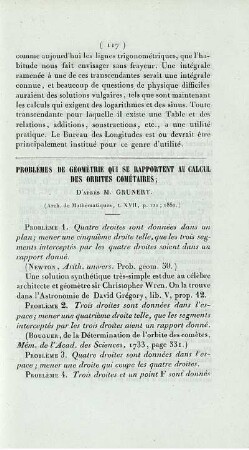 Problèmes de géométrie qui se rapportent au calcul des orbites cométaires.