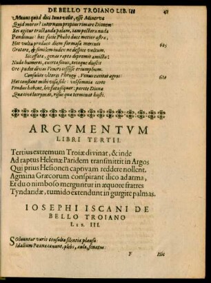 Argumentum Libri Tertii. ... Josephi Iscani De Bello Troiano Lib. III.