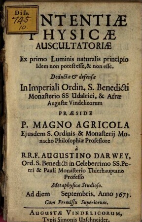 Sententiae physicae auscultatoriae ex primo luminis naturalis principio Idem non potest esse, et non esse