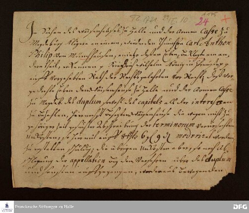 Urteil im Prozess der Glauchaschen Anstalten und der Armenkasse zu Halle gegen die Erben Carl Anton Philipps v. Münchhausen, übersendet von Christoph Andreas Schubart.