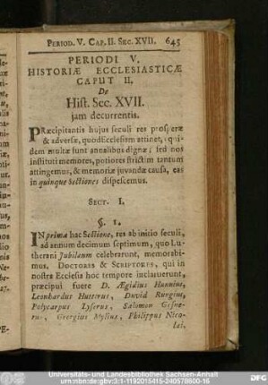 Caput II. De Hist. Sec. XVII. iam decurrentis.