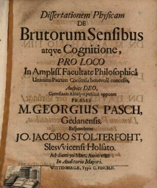 Diss. phys. de brutorum sensibus atque cognitione
