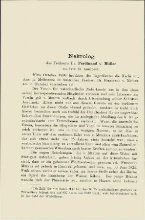 Nekrolog des Freiherrn Dr. Ferdinand v. Müller