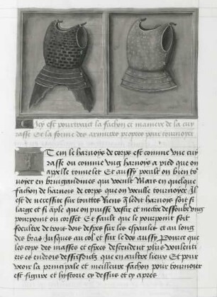 Regnier d'Anjou sur les tournois (Turnierbuch Königs René I. d’Anjou). Bruststücke einer Rüstung : Bruststücke einer Rüstung. Miniatur und Text Blatt 11r aus: Regnier d'Anjou sur les tournois. Flandern oder Hennegau, Anfang 16. Jahrhundert. Buchmalerei und Handschrift auf Pergament, koloriert und vergoldet; 42,5 x 31,5 cm (Blattgröße). Dresden: SLUB Mscr.Dresd.Oc.58