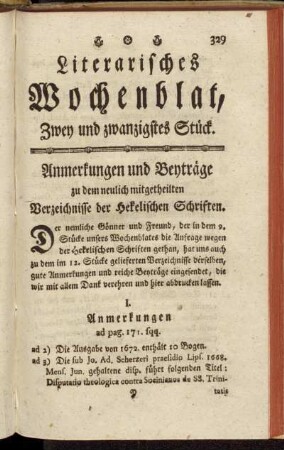 Literarisches Wochenblat, Zwey und zwanzigstes Stück.