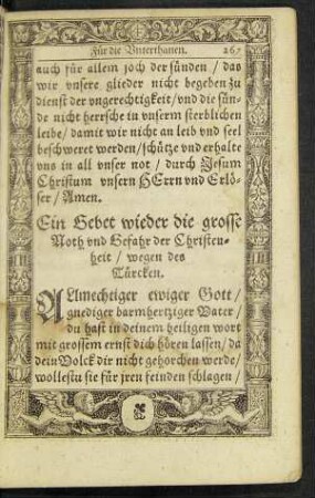 Ein Gebet wieder die grosse Noth und Gefahr der Christenheit/ wegen des Türcken.