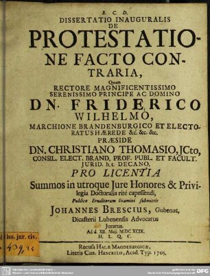 Dissertatio Inauguralis De Protestatione Facto Contraria