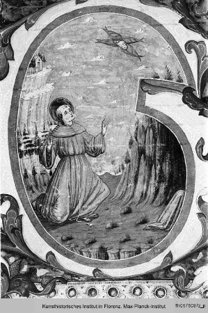 Buchseite mit Text, Neumen und historisierter Initiale G, darin die Stigmatisierung des Heiligen Franziskus - Graduale Santorale